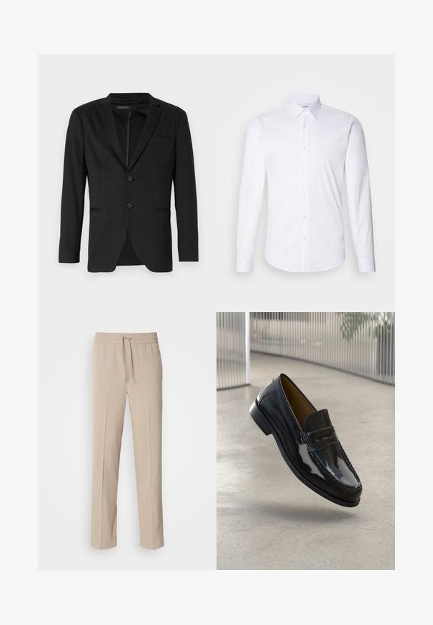 Schwarzer Blazer mit schlanker Passform, featuring zwei Knöpfe, Reverskragen und Seitentaschen. Aus glattem Stoff mit subtilem Muster gefertigt.; Weißes Langarm-Hemd mit Knopfverschluss aus glattem Baumwollstoff, mit klassischem Kragen und abgerundetem Saum.; Beige, locker sitzende Hosen aus weichem Stoff, mit einem elastischen Bund und Kordelzug sowie geraden Beinen mit minimalen Akzenten.; Schwarze Lacklederloafers mit einer gestickten Akzentuierung, runder Zehenpartie, niedrigem Absatz und glatter Oberfläche, vor einem neutralen Hintergrund präsentiert.