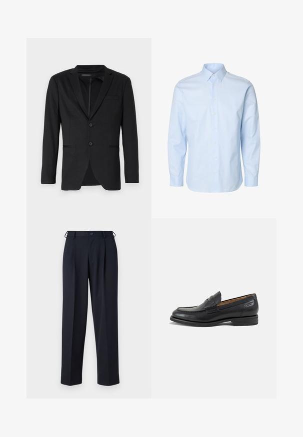 Sort blazer med slim fit, der har to knapper, udskårne revers og sidelommer. Fremstillet af glat stof med en subtil tekstur.; Lyseblå herreskjorte med lange ærmer, knapper foran og almindelig krave på hvid baggrund.; Marineblå skræddersyede bukser med knap- og lynlåslukning foran, bæltestropper og sidelommer, vist på en hvid baggrund.; Sort læder herresko med syninger, lav stakket hæl og en smal rem over overdelen, vist fra siden på en hvid baggrund.