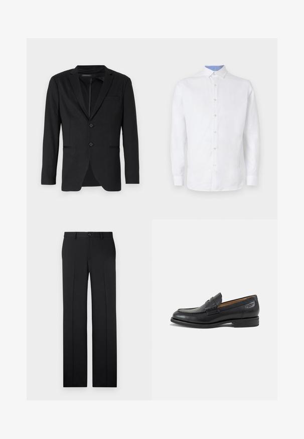Zwarte blazer met een slim fit, voorzien van twee knopen, notch revers en zijzakken. Gemaakt van een gladde stof met een subtiele textuur.; Witte blouse met lange mouwen en knoopsluiting, voorzien van een lichtblauw geruit patroon aan de binnenkant van de kraag en manchetten. Glad textuur van de stof.; Zwarte, op maat gemaakte broek met een rechte pijp, zachte stof, voorvouwen en een enkele knoopsluiting in de taille.; Zwarte leren herenloafer met gestikte details, lage gestapelde hak en een smalle band over de bovenzijde, zijaanzicht op een witte achtergrond.