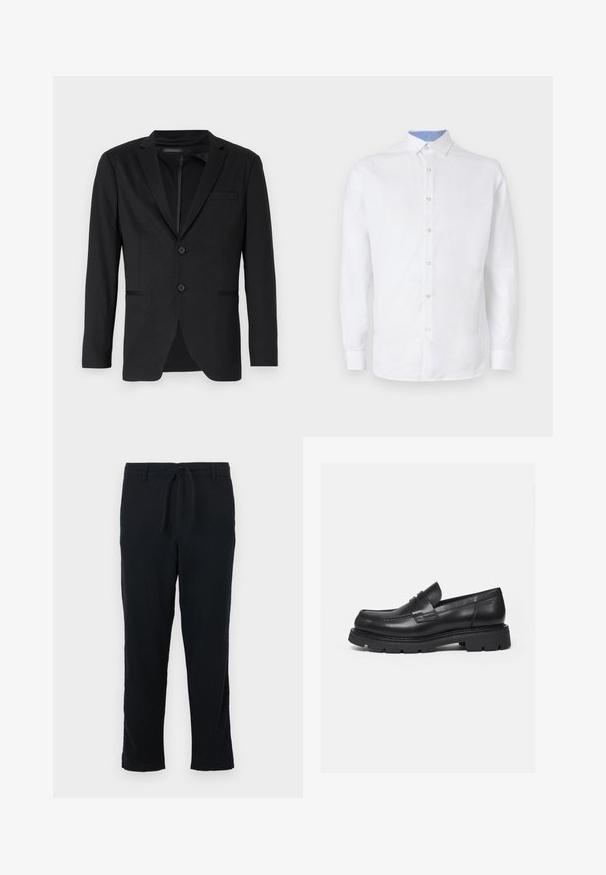 Blazer noir à coupe ajustée, doté de deux boutons, de revers crantés et de poches latérales. Fabriqué en tissu lisse avec une texture subtile.; Chemise blanche à manches longues avec un devant à boutons, présentant un motif à carreaux bleu clair à l'intérieur du col et des poignets. Texture de tissu lisse.; Pantalons noirs en tissu doux avec une taille à cordon, coupe droite et ourlet simple, sans poches ni embellissements.; Mocassin en cuir noir avec semelle épaisse crantée et détail de bride penny, présenté en profil droit sur fond blanc.
