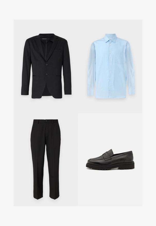 Sort blazer med slim fit, der har to knapper, udskårne revers og sidelommer. Fremstillet af glat stof med en subtil tekstur.; Lys blå langærmet skjorte med button-down krave og en enkelt brystlomme, præsenteret mod en neutral baggrund.; Sorte bukser lavet af glat stof, med lige ben design, forlommer, en enkelt knaplukning, og uden synlige mønstre.; Sort læder loafersko med rund tå, syningsdetaljer og en tyk, struktureret sål. Har et elegant, minimalistisk design.