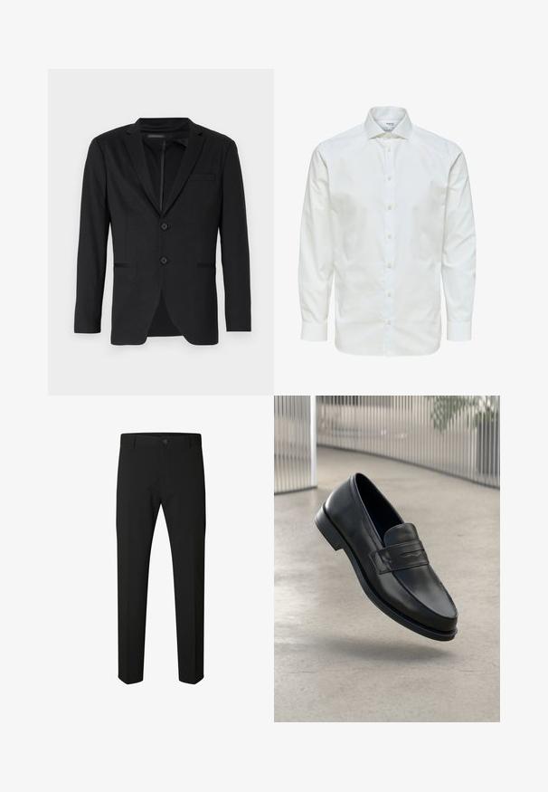 Blazer negro de corte slim, con dos botones, solapas de pico y bolsillos laterales. Fabricado en una tela suave con una textura sutil.; Camisa blanca de vestir de manga larga con botones en la parte delantera y cuello puntiagudo, mostrada sobre un fondo blanco.; Pantalones negros de corte ajustado con cierre de botón y cremallera, trabillas para cinturón y piernas rectas sobre fondo blanco.; Mocasín de cuero negro con textura suave, punta puntiaguda y una correa decorativa a lo largo del empeine. Suela ligera, diseño minimalista.