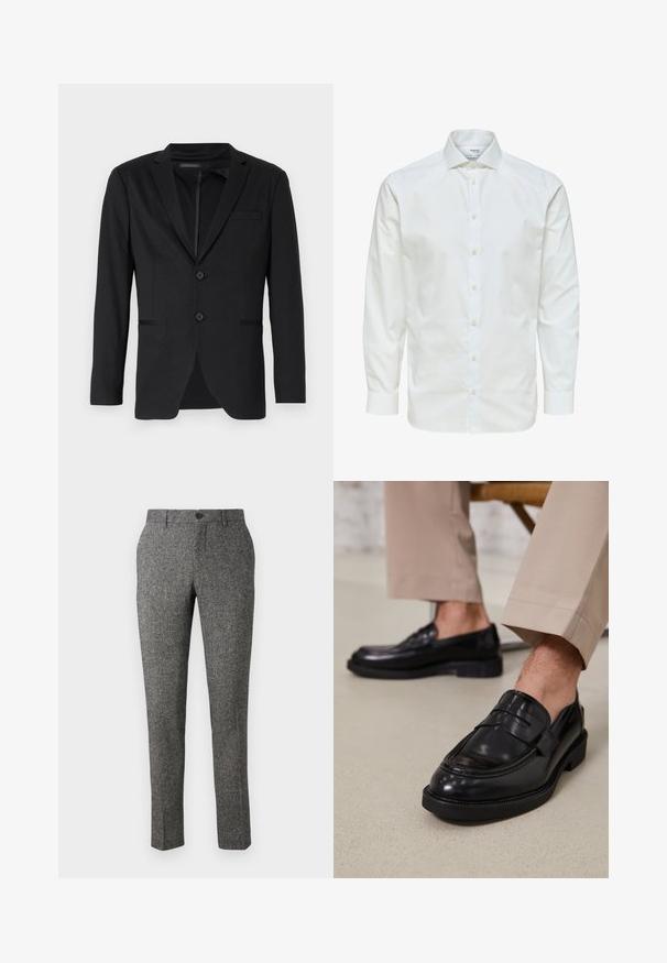 Schwarzer Blazer mit schlanker Passform, featuring zwei Knöpfe, Reverskragen und Seitentaschen. Aus glattem Stoff mit subtilem Muster gefertigt.; Weißes Hemd mit langen Ärmeln, durchgeknöpft vorne und spitzem Kragen, vor weißem Hintergrund dargestellt.; Lindbergh PANTS - Stoffhose - brown; Schwarze Lederloafers mit glatter Oberfläche, ausgestattet mit einem dekorativen Riemen und Kontrastnähten, kombiniert mit beigen Hosen.