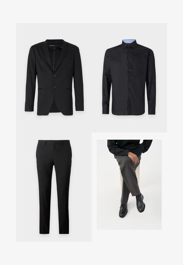 Zwarte blazer met een slim fit, voorzien van twee knopen, notch revers en zijzakken. Gemaakt van een gladde stof met een subtiele textuur.; Zwarte lange mouwen shirt van gladde stof, met een knopenfront, spitse kraag en een lichtblauwe geruite binnenkraag.; Op maat gemaakte zwarte broek van een gladde stof. Heeft een recht model, voorplooien en riemlussen voor verstelbare maat.; Zwarte leren veterschoenen met een gepolijste afwerking, gecombineerd met grijze op maat gemaakte pantalon, gepresenteerd in zittende houding tegen een witte achtergrond.