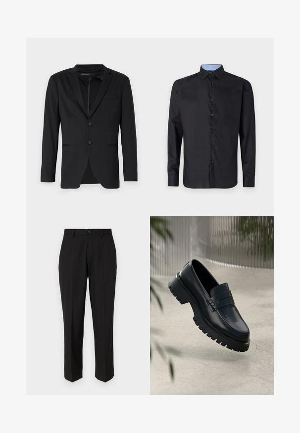 Blazer negro de corte slim, con dos botones, solapas de pico y bolsillos laterales. Fabricado en una tela suave con una textura sutil.; Camisa negra de manga larga, fabricada en un tejido suave, con un cierre de botones en la parte delantera, cuello puntiagudo y un interior de cuello a cuadros en color azul claro.; Pantalones negros de tela suave, con un diseño de pierna recta, bolsillos delanteros, un cierre de botón y sin patrones visibles.; Mocasines de cuero negro con suela gruesa, que presentan una correa decorativa y detalles de costura. Textura suave con un acabado pulido.