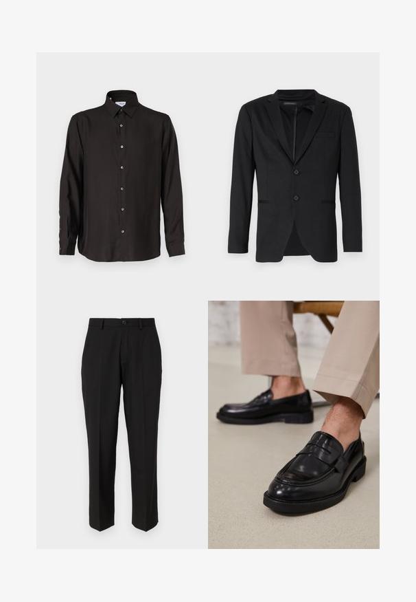 Blazer negro de corte slim, con dos botones, solapas de pico y bolsillos laterales. Fabricado en una tela suave con una textura sutil.; Camisa negra de manga larga hecha de una tela suave, con un cierre frontal de botones, collar puntiagudo y dobladillo redondeado con botones en contraste.; Pantalones negros de tela suave, con un diseño de pierna recta, bolsillos delanteros, un cierre de botón y sin patrones visibles.; Mocasines de cuero negro con un acabado suave, que cuentan con una correa decorativa y costuras en contraste, combinados con pantalones beiges.