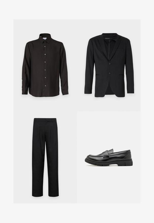 Sort blazer med slim fit, der har to knapper, udskårne revers og sidelommer. Fremstillet af glat stof med en subtil tekstur.; Sort langærmet skjorte lavet af glat stof, med knaplukning foran, spidse krave og afrundet kant med kontrasterende knapper.; Sorte bukser lavet af glat stof, med et lige ben-design, to frontfolder og en standard talje med bæltestropper.; Sort læder loafersko med en bred rem over forfoden, gummisål med tykke mønstre og glat overflade. Klassisk, slankt design.
