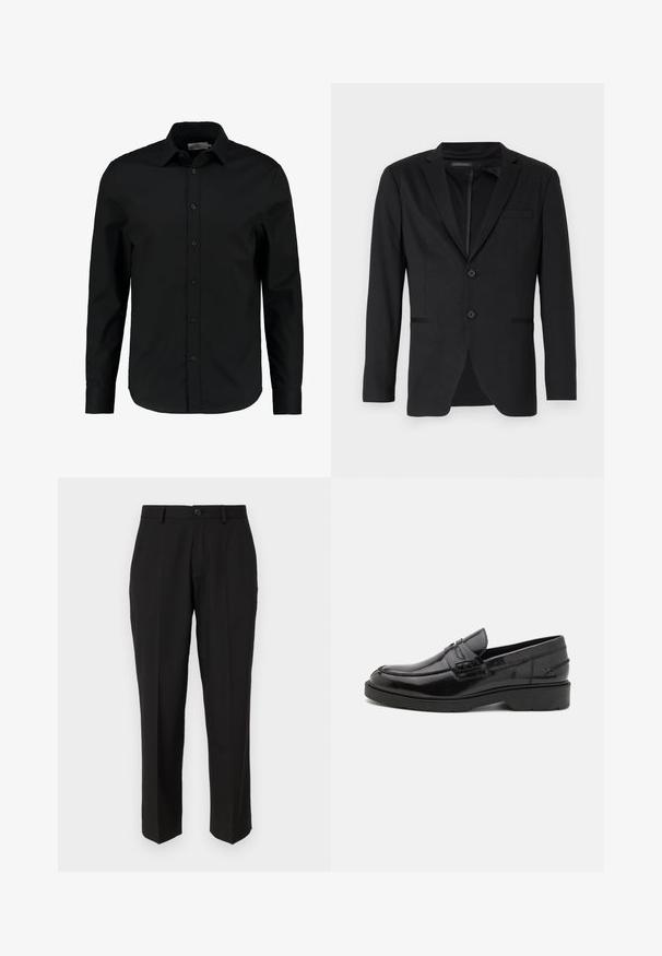 Sort blazer med slim fit, der har to knapper, udskårne revers og sidelommer. Fremstillet af glat stof med en subtil tekstur.; Sort langærmet skjorte lavet af glat stof, har en knaplukning foran, spidse kraver og en skræddersyet pasform med en buet kant.; Sorte bukser lavet af glat stof, med lige ben design, forlommer, en enkelt knaplukning, og uden synlige mønstre.; Sorte læder loafers med en glat finish, rund tå, lav hæl og dekorativ syning langs forsiden. Gummisål for godt greb.