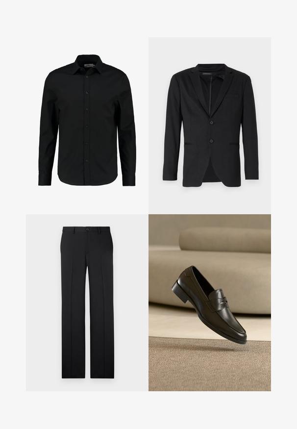 Sort blazer med slim fit, der har to knapper, udskårne revers og sidelommer. Fremstillet af glat stof med en subtil tekstur.; Sort langærmet skjorte lavet af glat stof, har en knaplukning foran, spidse kraver og en skræddersyet pasform med en buet kant.; Sorte, skræddersyede bukser med lige ben, glat stof, pressefolder foran og en enkelt knaplukning i taljen.; Sort lædersko med slip-on design, svævende over beige tæppe med beige sofa i baggrunden, der fremhæver klassisk herrestil.