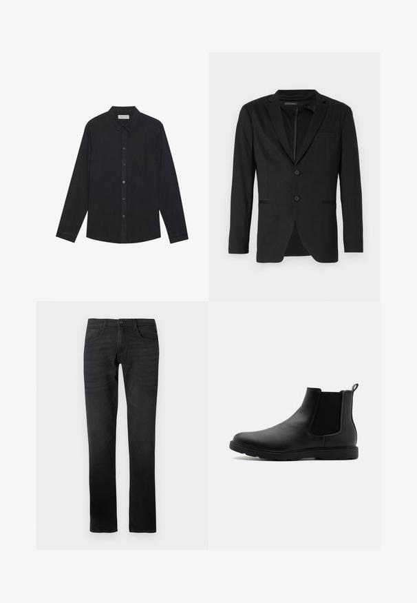 Blazer noir à coupe ajustée, doté de deux boutons, de revers crantés et de poches latérales. Fabriqué en tissu lisse avec une texture subtile.; Chemise noire à manches longues en tissu doux, avec un devant à boutons, un col et un ourlet droit avec une texture subtile.; Jeans en denim noir avec une coupe droite. Les caractéristiques incluent une fermeture à bouton, cinq poches et des détails de coutures visibles.; Bottine Chelsea en cuir noir avec des panneaux latéraux en élasthanne, une languette et une semelle en caoutchouc durable. Texture lisse et design épuré.