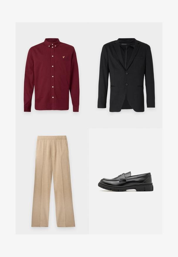 Blazer noir à coupe ajustée, doté de deux boutons, de revers crantés et de poches latérales. Fabriqué en tissu lisse avec une texture subtile.; Chemise à manches longues boutonnée en bordeaux profond avec un col boutonné et un petit logo brodé d'un oiseau doré sur le côté gauche de la poitrine.; Pantalons larges beiges fabriqués dans un tissu texturé, dotés d'une taille élastique et sans poches ni embellissements visibles.; Mocassin en cuir noir avec une large sangle sur le devant, semelle en caoutchouc à épaisse rainure, et texture lisse. Design classique et élégant.