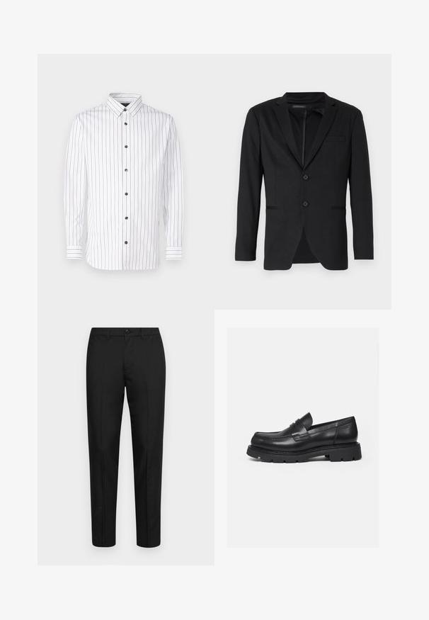 Sort blazer med slim fit, der har to knapper, udskårne revers og sidelommer. Fremstillet af glat stof med en subtil tekstur.; Hvid langærmet skjorte med smalle lodrette striber i rød og blå, knaplukning, spidse kraver og sorte knapper.; Sorte bukser lavet af glat stof med slim fit, med knaplukning, bæltestropper og lige ben.; Sort læderloafer med tyk rillede sål og penny-remdetalje, vist i højre sideprofil på hvid baggrund.