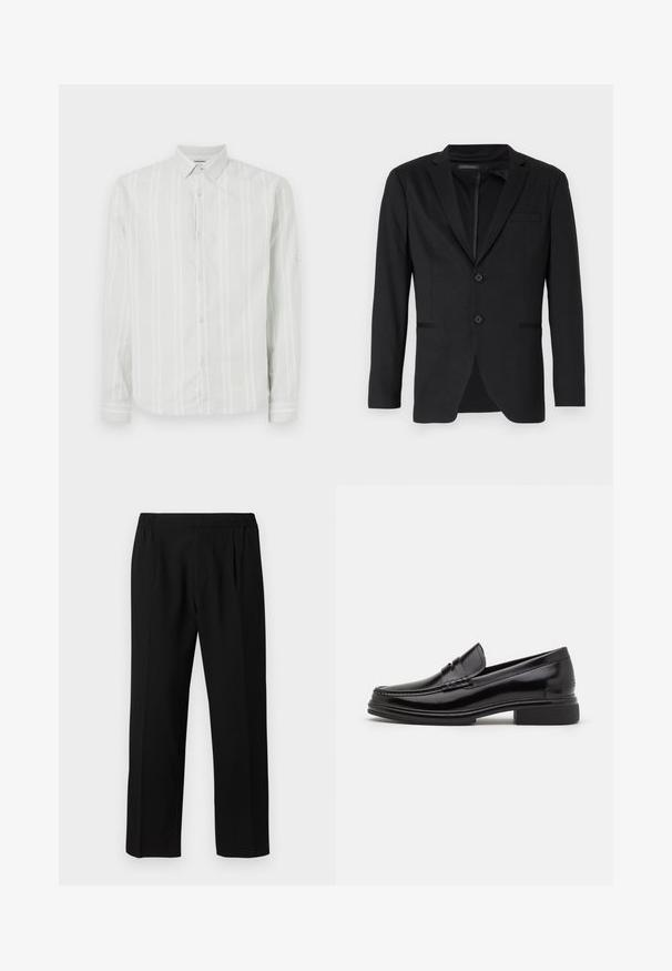 Schwarzer Blazer mit schlanker Passform, featuring zwei Knöpfe, Reverskragen und Seitentaschen. Aus glattem Stoff mit subtilem Muster gefertigt.; Hellgraues Langarmshirt mit weißen vertikalen Streifen, Knopfverschluss vorne und klassischem Kragen. Besitzt eine detailreiche Manschette an den Ärmeln.; Schwarze Hose aus einem glatten Stoff, mit einem elastischen Bund, geradem Bein und zwei Frontfalten für zusätzlichen Detail.; Schwarze Lederloafers mit runder Zehenform, ausgestattet mit einer genähten Detail über dem Vorderschaft und einem niedrigen Blockabsatz. Glatte Textur und glänzende Oberfläche.