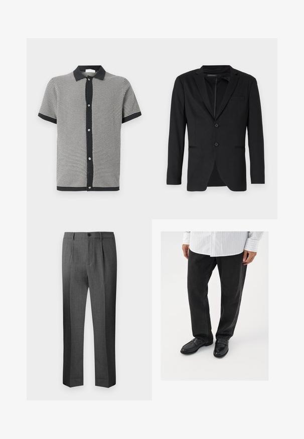 Sort blazer med slim fit, der har to knapper, udskårne revers og sidelommer. Fremstillet af glat stof med en subtil tekstur.; Kortærmet polo shirt i sort og hvid stribet strikstof, med en sort krave og frontknaplukning med sølvhardware.; Grå skræddersyede bukser med en glat tekstur, der har plisseret front, knaplukning og lige ben. Enkel design og rene linjer.; Sorte denimbukser parret med skinnende sorte loafers. Skjorten er hvid med tynde lodrette striber, har lange ærmer og en knapkrave.