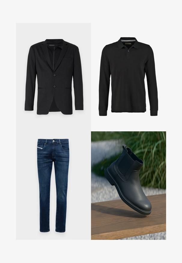 Schwarzer Blazer mit schlanker Passform, featuring zwei Knöpfe, Reverskragen und Seitentaschen. Aus glattem Stoff mit subtilem Muster gefertigt.; Schwarzes Langarm-Polohemd aus Baumwolle. Verfügt über eine Knopfleiste mit zwei Knöpfen, einen gerippten Kragen und ein dezentes Streifendetail unter dem Kragen.; Dunkelblaue Slim-Fit-Jeans für Herren mit fünf Taschen, Knopfverschluss und dezenten Verwaschungen an Oberschenkeln und Knien.; Schwarze Leder-Stiefelette mit elastischen Seitenpanelen, strukturierten Akzenten und Gummisohle; die Präsentation umfasst eine Holzoberfläche und Grünpflanzen.