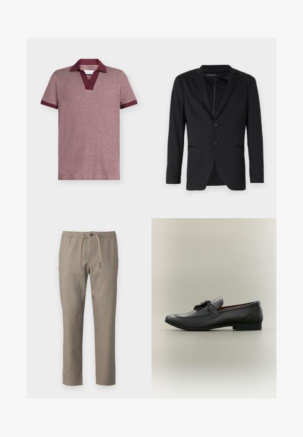 Sort blazer med slim fit, der har to knapper, udskårne revers og sidelommer. Fremstillet af glat stof med en subtil tekstur.; Kortærmet polo i en struktureret bordeauxstof med en kontrasterende mørk bordeauxkrave og manchetter. Har et V-hals design.; Beige bukser med elastisk talje, snor til lukning og lige ben. Materialet har en subtil tekstur.; Sorte læder loafer med rund tå, dekorative kvaster og stikninger. Flad hæl med en slank profil og glat tekstur.
