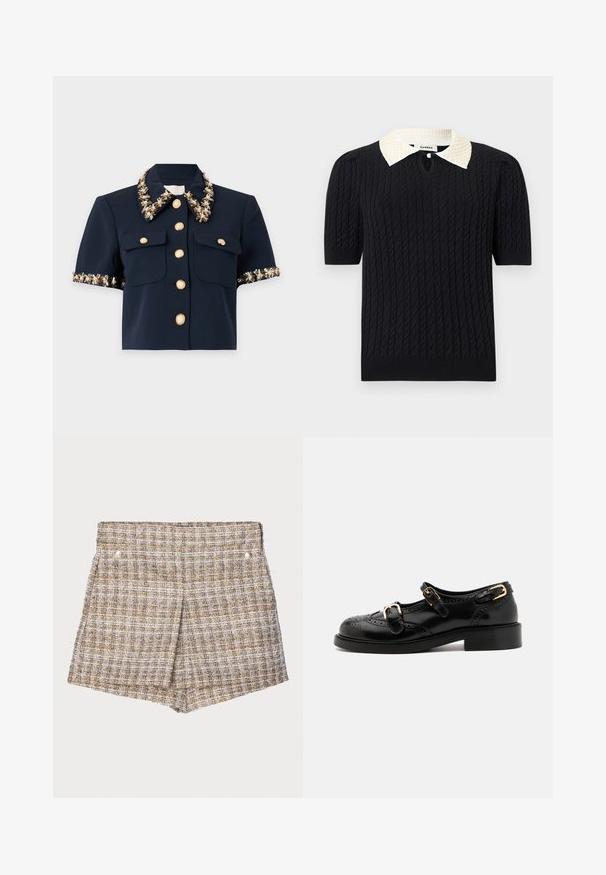 Veste courte bleu marine à manches courtes avec boutons dorés, deux poches avant et perlage floral décoratif sur le col et les bords des manches.; Haut noir en maille à manches courtes avec motif torsadé, doté d'un col pointu blanc orné de perles et d'une petite ouverture frontale avec bouton.; Shorts tissés à carreaux bruns avec une finition texturée, comportant deux boutons à pression en métal argenté à l'avant et un design structuré et ajusté.; Chaussures en cuir noir avec détails de brogue, dotées de deux sangles à boucle, d'un bout arrondi et d'un talon bas. Texture lisse avec finition brillante.