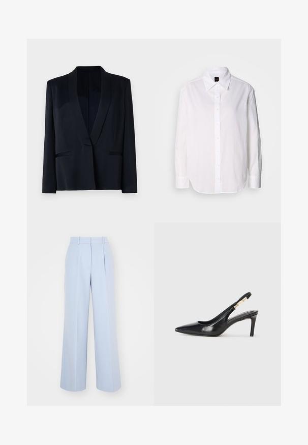 Sort blazer med sjalskrave, enkel knaplukning, to forlommer og en glat stofstruktur. Ingen synlige mønstre eller udsmykninger.; Hvid langærmet skjorte med knaplukning lavet af let materiale. Har en klassisk krave, knaplukning foran og manchetter.; Lysblå vidde bukser med høj talje, der har plisseringer foran, lavet af et glat, vævet stof. Ingen synlig hardware.; Sort læder slingback højhælede sko med spidse tæer, glat overflade og en smal ankelrem med guldfarvede hardware detaljer.