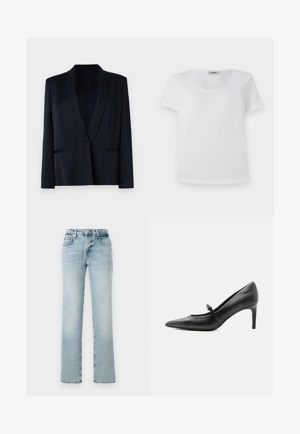 Sort blazer med sjalskrave, enkel knaplukning, to forlommer og en glat stofstruktur. Ingen synlige mønstre eller udsmykninger.; Hvid kortærmet t-shirt lavet af blødt stof, med rund halsudskæring og lige kant uden synlige mønstre eller detaljer.; Lyseblå denimjeans med lige ben, der har fem lommer, en knap- og lynlåslukning samt subtilt slid for et brugt look.; Sort læderspids højhælede sko med tynd rem og spænde over vristen, stående på en neutral lys baggrund.