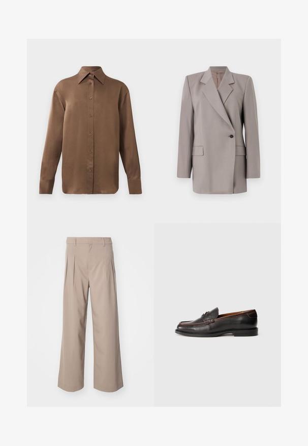 Tiger of Sweden ELIWIRAA - Blazer - mole; Bruine overhemd met lange mouwen en knopen, voorzien van een spitse kraag en manchetten, op een eenvoudige witte achtergrond weergegeven.; Beige wijde broek met plooien, gemaakt van een gladde stof. Heeft een midden-hoge taille en een nette, op maat gemaakte silhouet.; Zwarte leren instappers met een gladde afwerking, ronde neus en gestikte details. Heeft een lage hak en een minimalistisch ontwerp.