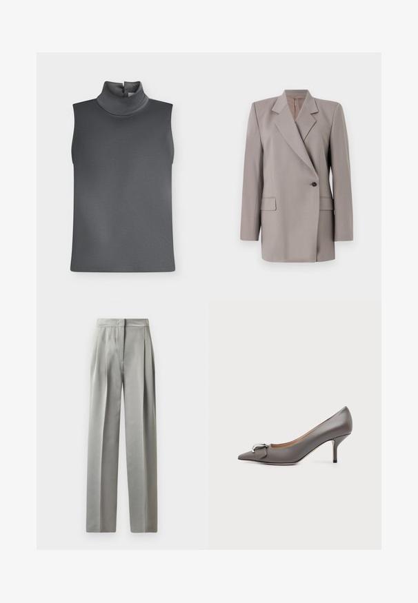 Tiger of Sweden ELIWIRAA - Blazer - mole; Haut sans manches gris foncé avec col roulé haut et fermeture à bouton à l'arrière du cou sur fond blanc.; Pantalons tailleur gris clair avec une texture lisse, dotés de plis à l'avant, d'une coupe évasée et d'une taille ajustée.; Escarpin en cuir gris à bout pointu avec un talon kitten de hauteur moyenne et un détail de boucle argentée à l'avant, présenté de profil sur fond blanc.