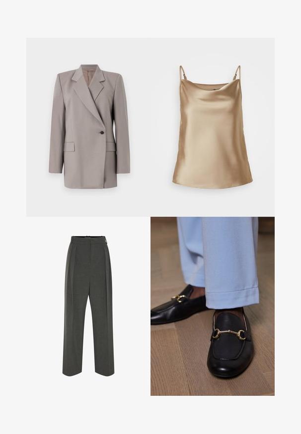 Tiger of Sweden ELIWIRAA - Blazer - mole; Camisole en satin beige clair avec de fines bretelles et un décolleté doucement drapé, présentant une texture lisse et brillante.; Pantalon gris à jambes larges en tissu texturé, avec une taille haute et des plis devant. Le design comprend une ceinture lisse sans fermetures visibles.; Mocassins en cuir noir avec un détail en métal doré portés avec un pantalon bleu clair sur un sol en bois.