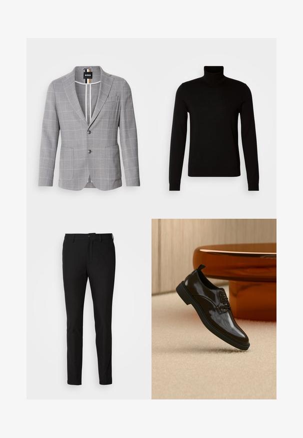 Blazer gris a cuadros hecho de una tela con una sutil textura. Presenta un cuello de muesca, cierre de dos botones y bolsillos frontales.; Suéter negro de cuello alto confeccionado en un tejido de punto fino, con mangas largas y una silueta ajustada. Textura suave con puños acanalados.; Pantalones negros de corte ajustado, con cierre de botón, cremallera y dos bolsillos frontales. Tejido suave con un acabado mate.; Zapato de vestir negro brillante de cuero con cordones flotando sobre una alfombra beige con una mesa redonda marrón brillante al fondo.