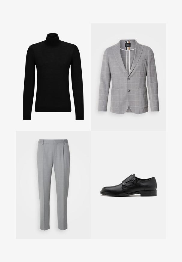 Blazer à carreaux gris en tissu avec une texture subtile. Doté d'un revers cranté, d'une fermeture à deux boutons et de poches avant.; Pull à col roulé noir en matériau doux, avec des manches longues et une coupe ajustée. Finition côtelée au bas et aux poignets. Design simple.; Pantalons gris sur mesure avec une texture lisse, présentant un devant plat, des jambes droites et de légères pinces pour plus de détail.; Chaussure habillée en cuir noir avec double boucle, silhouette élégante et bout rond. Dispose d'un petit talon et d'une texture lisse.