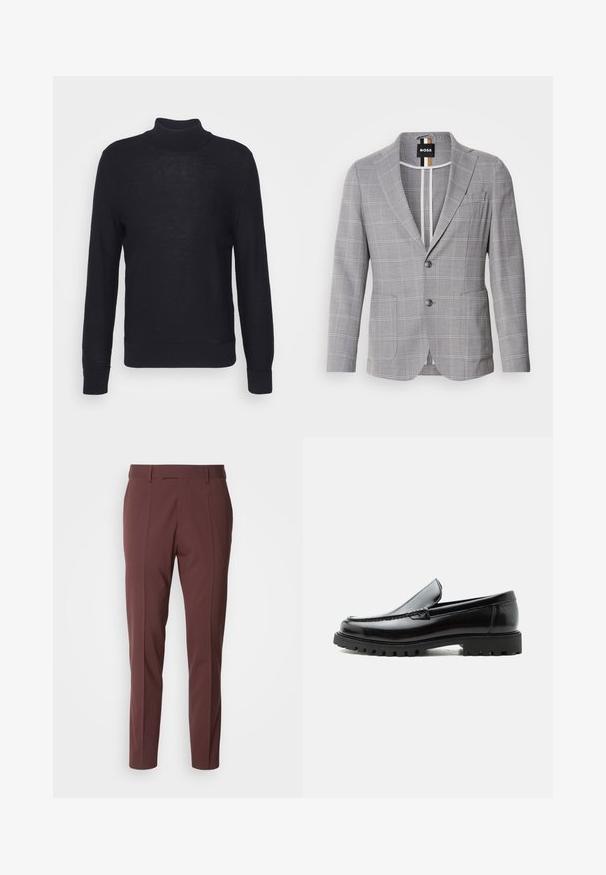 Grå ternet blazer lavet af stof med en subtil struktur. Har en spids krave, to-knaps lukning og forlommer.; Sort turtleneck sweater lavet af letvævet materiale, med lange ærmer og ribbede manchetter og bund. Subtil tonal branding på brystet.; BOSS GEORGE - Bukser - open red; Sort læderloafer med chunky gummisål, syet overdel og præget mærkenavn på hælen, vist i sideprofil på hvid baggrund.