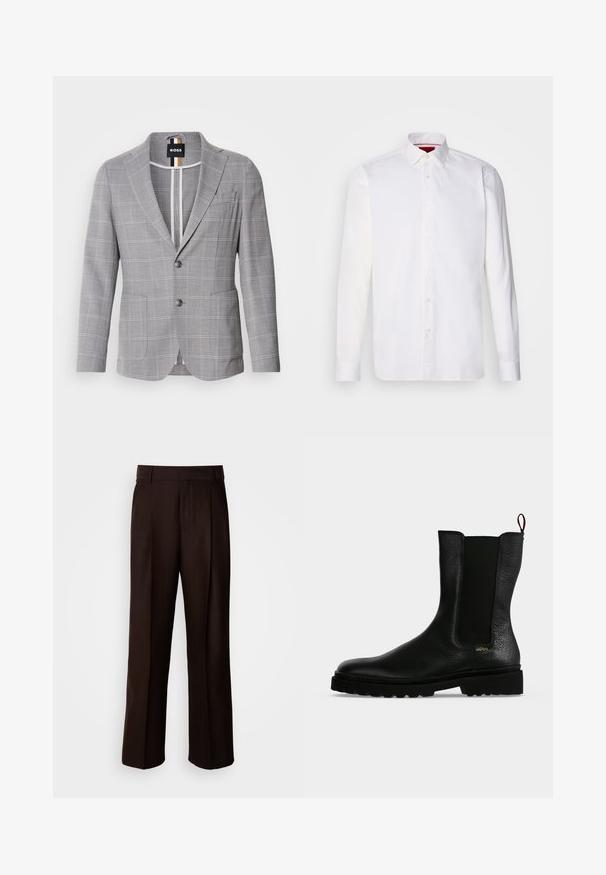 Blazer à carreaux gris en tissu avec une texture subtile. Doté d'un revers cranté, d'une fermeture à deux boutons et de poches avant.; Chemise blanche à manches longues en coton, avec un col classique, une patte de boutonnage à l'avant et une texture lisse. Détail rouge à l'intérieur du col.; Pantalons marron ajustés avec une coupe droite, présentant un pli avant, une texture lisse et une taille classique. Adaptés pour les occasions formelles.; Bottine en cuir noir avec un panneau latéral élastique, une semelle épaisse et une languette à l’arrière, featuring un petit logo doré "Hugo" près du talon.