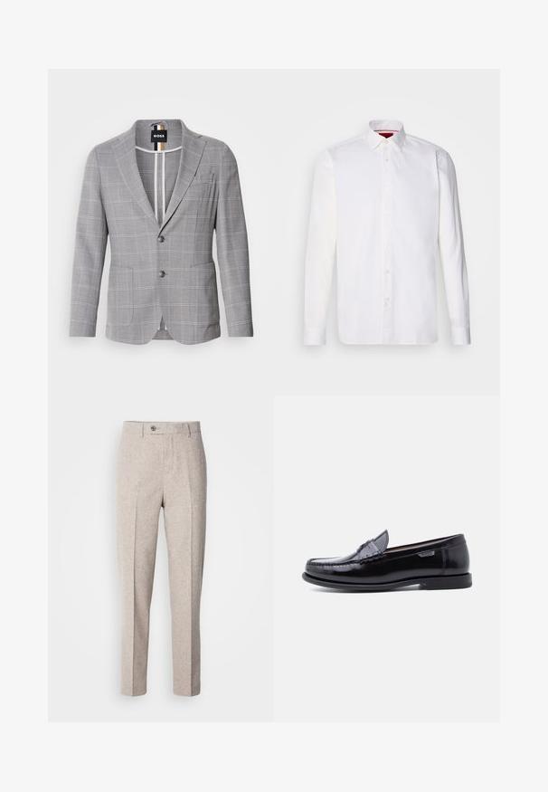 Grå ternet blazer lavet af stof med en subtil struktur. Har en spids krave, to-knaps lukning og forlommer.; Hvid langærmet skjorte lavet af bomuld, med en klassisk krave, frontplacket med knapper og en glat tekstur. Rød detalje på den indre krave.; Lys beige uldslynger med en glat tekstur, lige snit, frontfolder og en enkelt knaplukning i taljen.; Sorte læderloafer med en blank finish, der har et syet mønster på tåen og en lav, tekstureret sort gummisål.