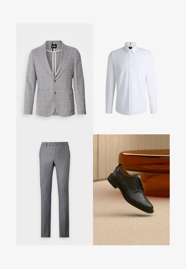 Grå ternet blazer lavet af stof med en subtil struktur. Har en spids krave, to-knaps lukning og forlommer.; Hvid langærmet skjorte med knapper lavet af bomuld. Har en krave, frontknapper og et lille logo på brystet med en orange detalje på kraven.; Grå stribede bukser lavet af tekstureret stof, med et klassisk design, lige pasform og to forlommer.; Sort læder snørestøvle til mænd, der svæver over en beige tæppe, med et brunt rundt sofabord i baggrunden.