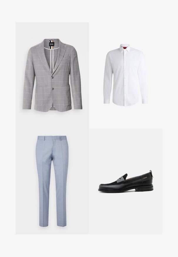 Blazer à carreaux gris en tissu avec une texture subtile. Doté d'un revers cranté, d'une fermeture à deux boutons et de poches avant.; Chemise blanche à manches longues en tissu lisse avec un col classique et un ourlet arrondi. Présente des boutons beiges à l'avant.; Pantalons ajustés bleu clair avec une texture de tissu lisse, dotés d'un devant plat, de deux poches frontales et d'un design slim.; Mocassin en cuir noir avec détail de bride grise, talon bas et semelle texturée, marqué "HUGO" en or sur le côté.