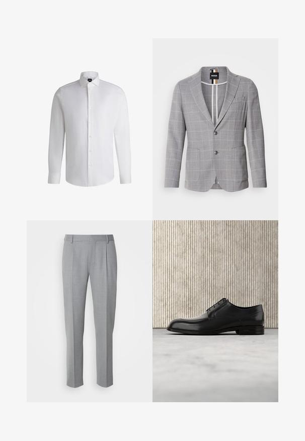 Grå ternet blazer lavet af stof med en subtil struktur. Har en spids krave, to-knaps lukning og forlommer.; Hvid langærmet skjorte lavet af glat bomuld, med klassisk krave, fuld knaplukning og knapmanchetter. Minimalistisk design.; Grå skræddersyede bukser med en glat tekstur, som har en flad front, lige ben og diskrete folder for ekstra detalje.; Sorte læderherresko med rund tæer, glat tekstur, minimale sømme og en flad sål med diskret branding på hælen.