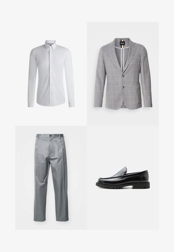 Blazer gris a cuadros hecho de una tela con una sutil textura. Presenta un cuello de muesca, cierre de dos botones y bolsillos frontales.; Camisa blanca de manga larga hecha de tejido suave, con un cuello abotonado y una fila de botones en la parte delantera. Diseño simple.; Pantalones de algodón gris con un diseño de pierna recta, que cuentan con un cierre de botón en la parte delantera, presillas para el cinturón y bolsillos laterales.; Mocasín de cuero negro con suela de goma gruesa, empeine cosido y nombre de la marca en relieve en el talón, mostrado en perfil lateral sobre fondo blanco.