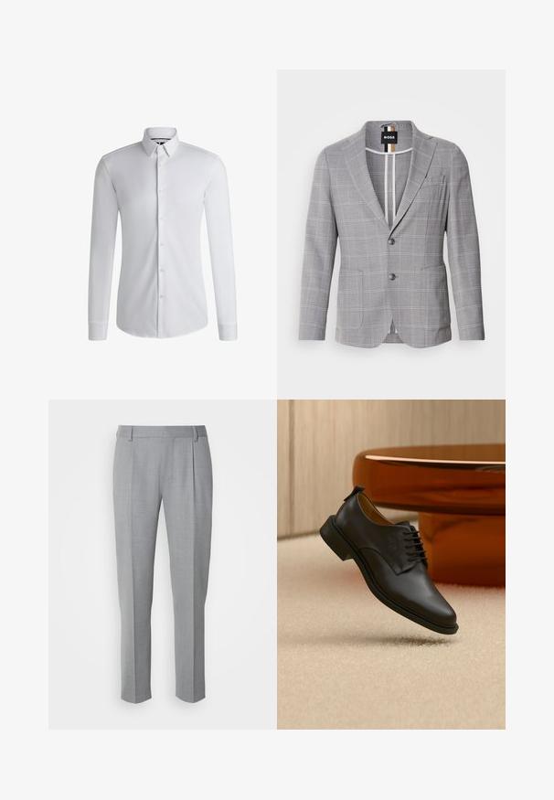 Blazer gris a cuadros hecho de una tela con una sutil textura. Presenta un cuello de muesca, cierre de dos botones y bolsillos frontales.; Camisa blanca de manga larga hecha de tejido suave, con un cuello abotonado y una fila de botones en la parte delantera. Diseño simple.; Pantalones grises a medida con una textura suave, que cuentan con un frente plano, piernas rectas y pliegues sutiles para un detalle adicional.; Zapato de vestir para hombre de cuero negro con cordones flotando sobre una alfombra beige, con una mesa de café redonda marrón en el fondo.