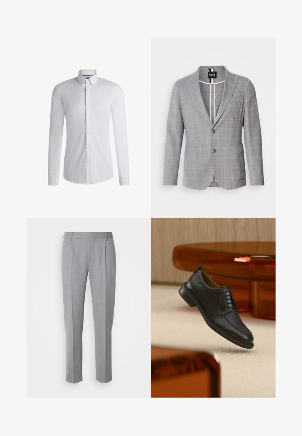 Grå ternet blazer lavet af stof med en subtil struktur. Har en spids krave, to-knaps lukning og forlommer.; Langærmet hvid skjorte lavet af glat stof, med en krave med knapper og en række knapper foran. Enkelt design.; Grå skræddersyede bukser med en glat tekstur, som har en flad front, lige ben og diskrete folder for ekstra detalje.; Sort lædersko med snørebånd og tekstureret front, svævende over beige tæppe i et moderne rum med møbler i ravfarvet toning.