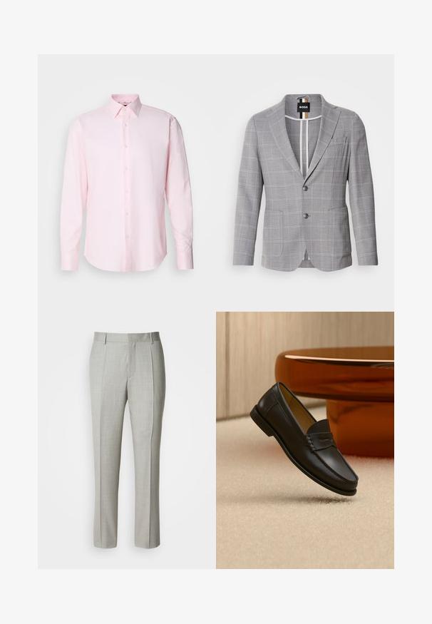 Blazer à carreaux gris en tissu avec une texture subtile. Doté d'un revers cranté, d'une fermeture à deux boutons et de poches avant.; Chemise à manches longues rose clair en tissu texturé, dotée d'un col standard et d'une fermeture à boutons sur le devant.; Pantalon tailleur gris clair en tissu lisse, présentant une coupe droite, des plis à l'avant, et une ceinture classique avec passants pour ceinture.; Chaussure mocassin en cuir noir suspendue au-dessus d’un tapis beige avec du mobilier moderne couleur ambre en arrière-plan.