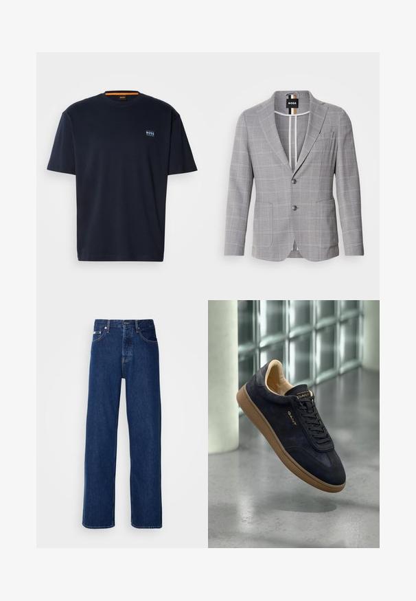 Blazer gris a cuadros hecho de una tela con una sutil textura. Presenta un cuello de muesca, cierre de dos botones y bolsillos frontales.; Camiseta de algodón azul marino con cuello redondo. Presenta un pequeño logo en el pecho y un acento naranja en contraste en el cuello. Mangas cortas.; Vaqueros de mezclilla azul oscuro con un diseño de pierna ancha, que presentan un cierre de botón y el clásico estilo de cinco bolsillos. La tela tiene una textura suave.; Zapatilla de ante azul marino con suela de goma color caqui, con puntera redonda, cordones planos y logo en relieve en la lengüeta. Diseño minimalista.
