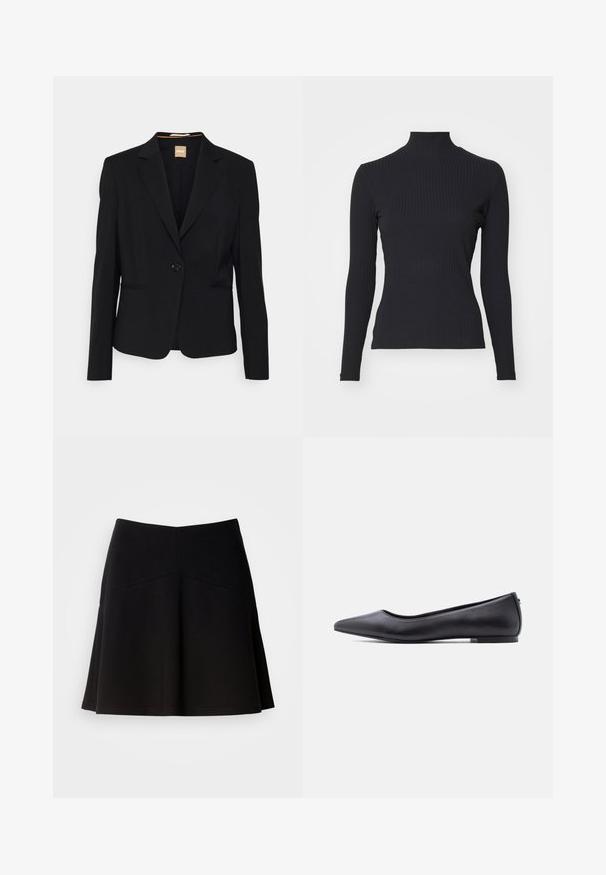 Sort blazer lavet af glat stof, med en enkelt knaplukning, notch-lapel krave og to frontlommer. Skræddersyet pasform med lange ærmer.; Sort ribbet turtle-sweater med lange ærmer. Lavet af strækbart stof med en tætsiddende pasform og høj krave. Enkel design uden udsmykninger.; Sort flagrende nederdel lavet af blødt stof, med en tætsiddende talje og sømdetaljer. Glat tekstur med et enkelt, klassisk design.; Sort flad lædersko med spidst tåparti og lav hæl, vist i sideprofil mod en hvid baggrund.