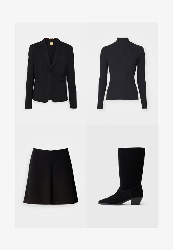 Zwarte blazer van soepele stof, met een enkele knoopsluiting, notch revers en twee voorzakken. Taillering met lange mouwen.; Zwarte geribde coltrui met lange mouwen. Gemaakt van rekbare stof met een getailleerde pasvorm en hoge kraag. Eenvoudig ontwerp zonder versieringen.; Zwarte klokrok van zacht stof, met een strakke tailleband en naaddetails. Glad textuur met een eenvoudig, klassiek ontwerp.; Zwarte suede enkellaars met een spitse neus, een schacht van gemiddelde hoogte en een chunky hak. Heeft minimaal stikwerk en een gladde textuur.