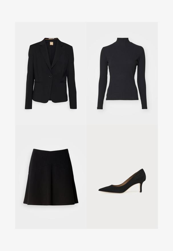 Sort blazer lavet af glat stof, med en enkelt knaplukning, notch-lapel krave og to frontlommer. Skræddersyet pasform med lange ærmer.; Sort ribbet turtle-sweater med lange ærmer. Lavet af strækbart stof med en tætsiddende pasform og høj krave. Enkel design uden udsmykninger.; Sort flagrende nederdel lavet af blødt stof, med en tætsiddende talje og sømdetaljer. Glat tekstur med et enkelt, klassisk design.; Sort ruskind spids tå højhælet pumpe med en slank mellemhøj stilethæl og et lavt snit på en ensfarvet baggrund.