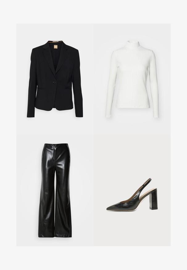 Sort blazer lavet af glat stof, med en enkelt knaplukning, notch-lapel krave og to frontlommer. Skræddersyet pasform med lange ærmer.; Hvid ribbet turtleneck blouse med lange ærmer, lavet af elastisk stof. Har et tætsiddende design og høj hals for god dækning.; Sorte læder bukser med bred ben, glat tekstur, høj talje og skjult lynlås foran. Skræddersyet pasform med en ren finish.; Sort læder peep-toe slingback sko med høj blokhæl og beige indvendig foring mod en ensfarvet lys baggrund.