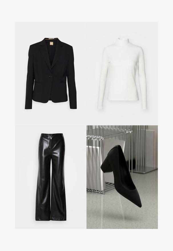 Sort blazer lavet af glat stof, med en enkelt knaplukning, notch-lapel krave og to frontlommer. Skræddersyet pasform med lange ærmer.; Hvid ribbet turtleneck blouse med lange ærmer, lavet af elastisk stof. Har et tætsiddende design og høj hals for god dækning.; Sorte læder bukser med bred ben, glat tekstur, høj talje og skjult lynlås foran. Skræddersyet pasform med en ren finish.; Sort højhælet sko med spidse tæer og en kraftig hæl, lavet af struktureret læder, svævende over et glat gulv.
