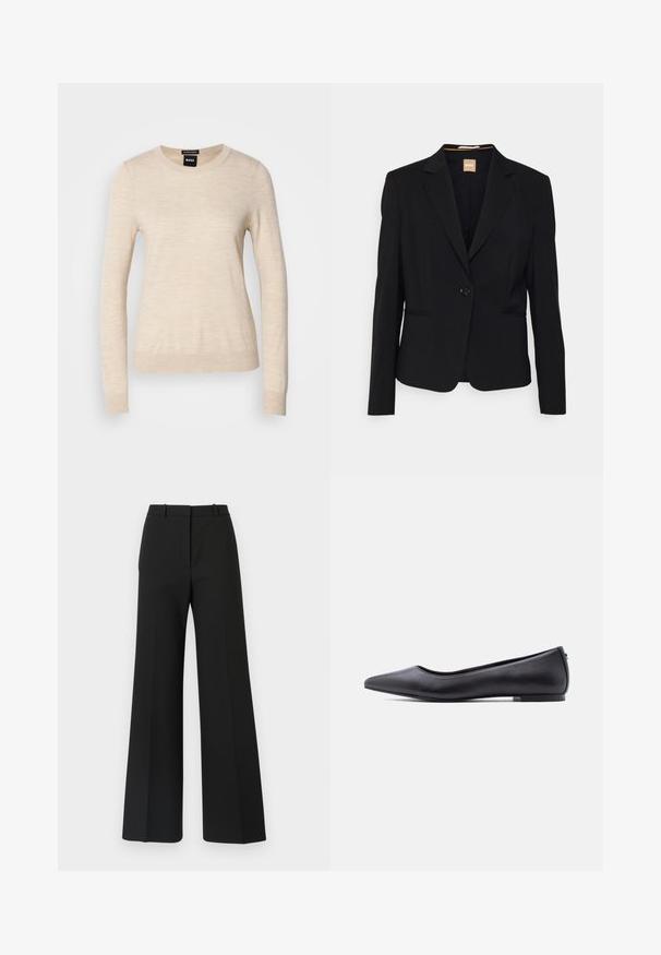 Schwarzer Blazer aus glattem Stoff, mit einem Ein-Knopf-Verschluss, Reverskragen und zwei vorderen Taschen. Taillierte Passform mit langen Ärmeln.; BOSS FERPINA - Strickpullover - light beige; Schwarze weite Hosen mit maßgeschneidertem Design, das eine glatte Textur und subtile Falten an der Vorderseite aufweist. Keine sichtbaren Beschläge oder Muster.; Schwarzer flacher Lederschuh mit spitzer Kappe und niedrigem Absatz, seitlich vor weißem Hintergrund gezeigt.