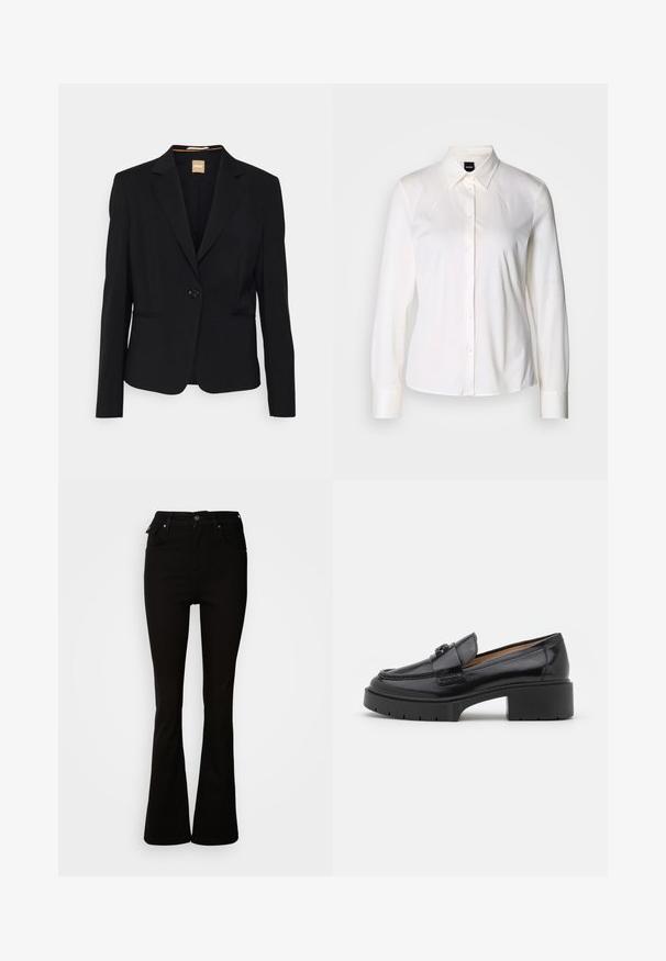 Schwarzer Blazer aus glattem Stoff, mit einem Ein-Knopf-Verschluss, Reverskragen und zwei vorderen Taschen. Taillierte Passform mit langen Ärmeln.; Weißes Langarmhemd mit Knöpfen, klassischem Kragen und weichem Baumwollstoff, mit slim fit und einfachem Design ohne Muster.; Schwarze, aus Denim gefertigte Schlagjeans mit hoher Taille, vorderen Taschen und einem klassischen Fünf-Taschen-Design mit Metallakzenten.; Schwarze Lederloafer mit niedrigem Blockabsatz, runder Zehenform, dekorativem Riemen und strukturiertem Steppdetail im Obermaterial. Glatte Oberfläche.