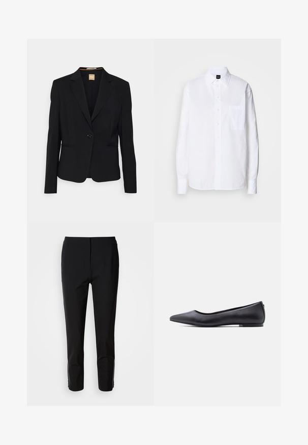 Blazer noir en tissu lisse, avec une fermeture à un bouton, des revers à cran et deux poches avant. Coupe ajustée avec des manches longues.; Chemise blanche à boutons, en coton, avec un col classique, des manches longues, une poche poitrine et une texture lisse et structurée.; Un pantalon noir avec une coupe droite, fabriqué en tissu lisse. Présente des accents zippés sur les côtés inférieurs. Un style épuré et minimaliste.; Chaussure plate en cuir noire à bout pointu avec petit talon, vue de profil sur fond blanc.
