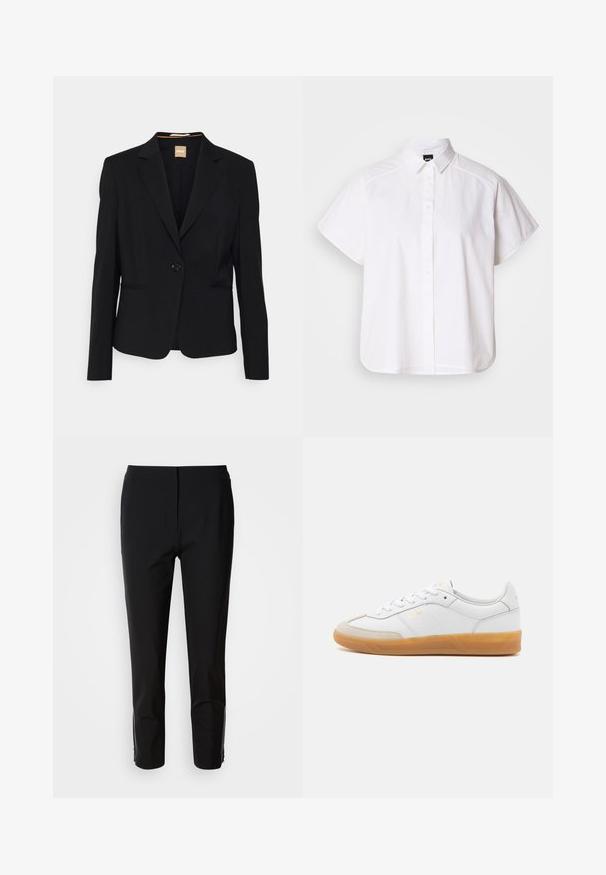 Sort blazer lavet af glat stof, med en enkelt knaplukning, notch-lapel krave og to frontlommer. Skræddersyet pasform med lange ærmer.; Hvid kortærmet skjorte med knaplukning, spidse kraver og buet nederste kant. Lavet af bomuld med en glat struktur og uden synlige mønstre.; Sorte bukser med en lige ben-design, lavet af glat stof. Har lynlåsdetaljer på de nederste sider. Rent, minimalistisk stil.; Hvide lædersneakers med beige ruskindsdetaljer, gummisål og snøredesign. Har diskret branding i guld.