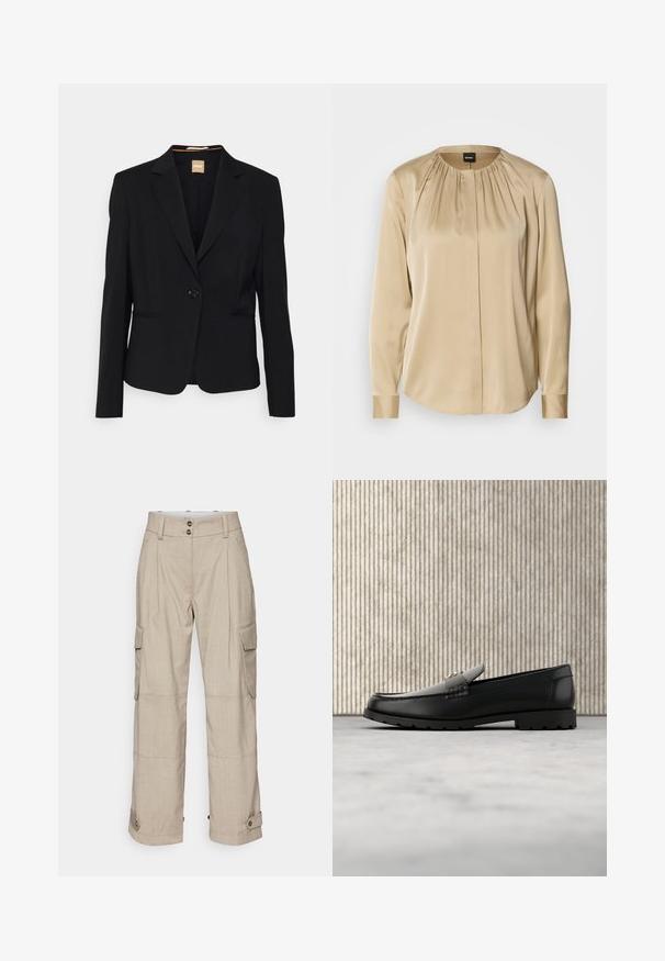 Zwarte blazer van soepele stof, met een enkele knoopsluiting, notch revers en twee voorzakken. Taillering met lange mouwen.; Langsleeve shirt in beige satijn, met een ronde halslijn, plooien aan de voorkant en knoopmanchetten. Glad textuur met een relaxte pasvorm.; DAY Birger et Mikkelsen LANCE CLASSIC BLEND - Cargobroek - stone grey; Zwarte leren loafers met een verhoogde naad, gouden accentlogo en gestructureerde band. Voorzien van een dikke, duurzame rubberen zool.