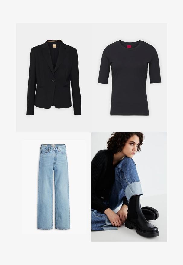 Blazer noir en tissu lisse, avec une fermeture à un bouton, des revers à cran et deux poches avant. Coupe ajustée avec des manches longues.; T-shirt noir en coton avec manches courtes, col rond et design minimaliste. Présente une étiquette de marque rouge au niveau du col.; Jean large taille haute en denim bleu clair avec fermeture à bouton et zip à l'avant, passants de ceinture et cinq poches.; Bottes noires à hauteur de cheville avec des panneaux latéraux élastiques, semelle épaisse et bout carré. Portées avec un jean bleu usé présentant un ourlet effiloché.
